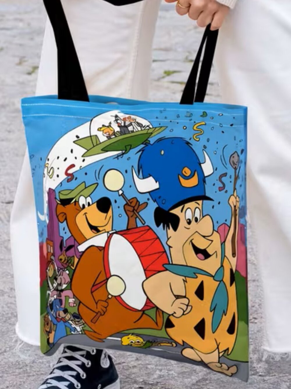 Soft Polyester 2D Printed Vintage/Retro Tote Bag 13 x 15~ 80's Cartoon Icons